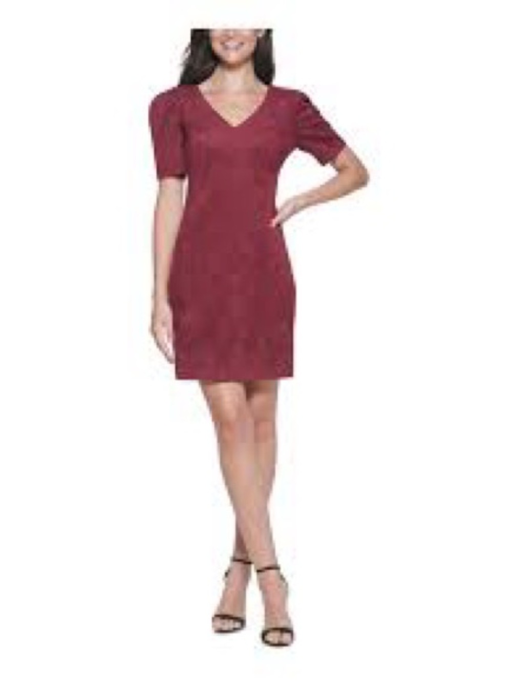 Guess Burgundy V-Neck Puff Sleeve Mini Dress